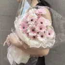 A bouquet of pink gerbera daisies in cellophane wrap, held by a person.