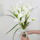 White calla lily bouquet tied with lace ribbon, held by hands.