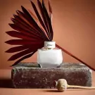 Montblanc Signature Eau De Parfum 90ml bottle on a stone block with dried leaves.