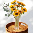 Sunflowers in a clear vase on a wicker tray with eucalyptus branches.