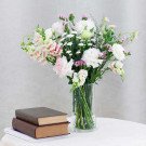 A vase of white and pink flowers with books