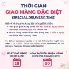 Delivery information poster with Vietnamese text about special delivery times outside Hanoi.