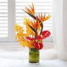 Tropical flower arrangement with orange birds of paradise, yellow orchids, and red anthuriums in a green vase.