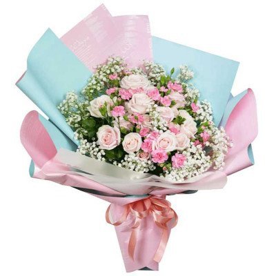 Bouquet of pink roses, carnations, and baby's breath with blue and pink wrapping and a pink bow.