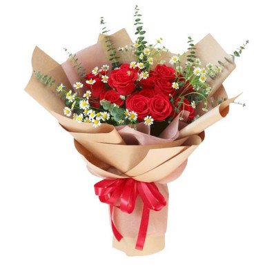 Bouquet of red roses and daisies wrapped in brown paper with a red ribbon.