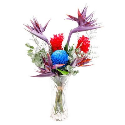 A floral arrangement of purple bird of paradise flowers, red ginger, and blue chrysanthemum in a clear vase.