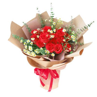 Bouquet of red roses and white daisies with eucalyptus leaves, wrapped in brown paper and tied with a red ribbon.
