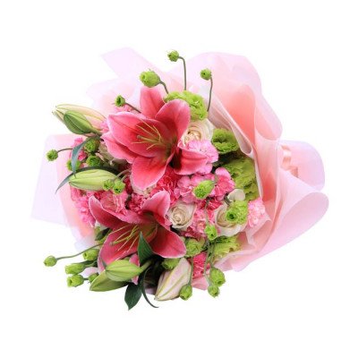 Pink lilies, roses, and carnations in a pink bouquet wrapper.
