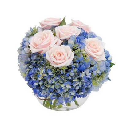 A round glass bowl bouquet of pink roses and blue hydrangeas.