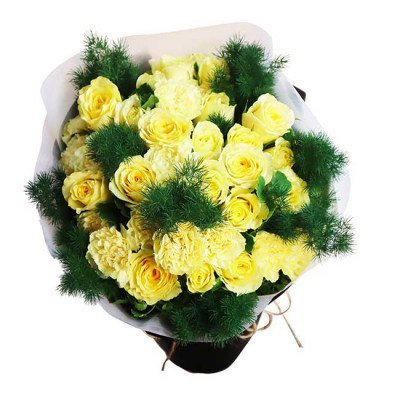 Yellow roses and carnations with green foliage in a bouquet.