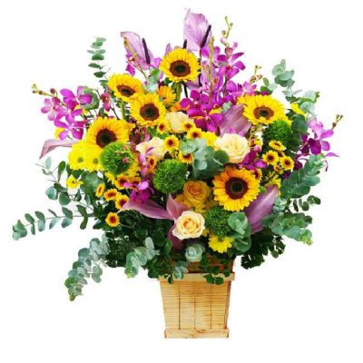 Basket of sunflowers, roses, orchids, and greenery.