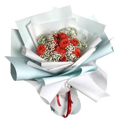 Bouquet of red roses and baby's breath, wrapped in light blue and white paper.