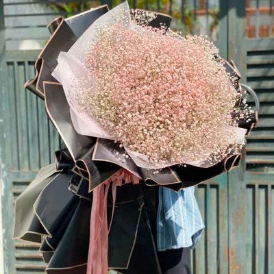 Bouquet of pink baby's breath flowers with black and pink wrapping.