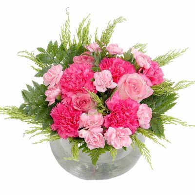 Round glass vase with pink carnations, roses, and ferns.