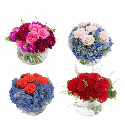 Four floral arrangements in glass bowls: pink/purple roses, pink roses with blue hydrangeas, red roses with blue hydrangeas, red roses with red carnations.