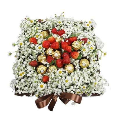 Square box of white baby's breath, daisies, strawberries, and gold-wrapped chocolates.