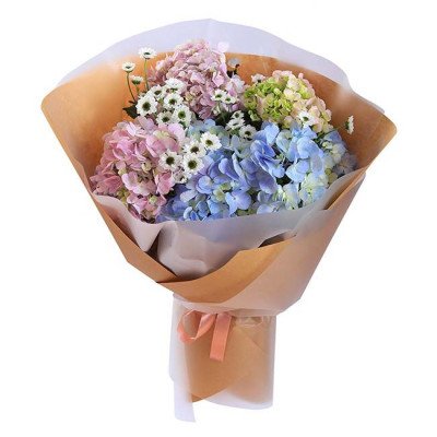 Bouquet of pink, blue, and green hydrangeas with white daisies, wrapped in brown paper and tied with a pink ribbon.