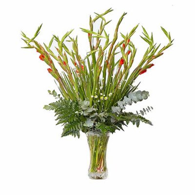 A vase of red gladiolus and white flowers with ferns and eucalyptus.