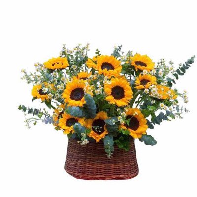 Basket of sunflowers and filler flowers.