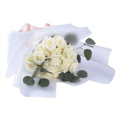 Bouquet of 24 white roses wrapped in white paper with a pink ribbon and eucalyptus.