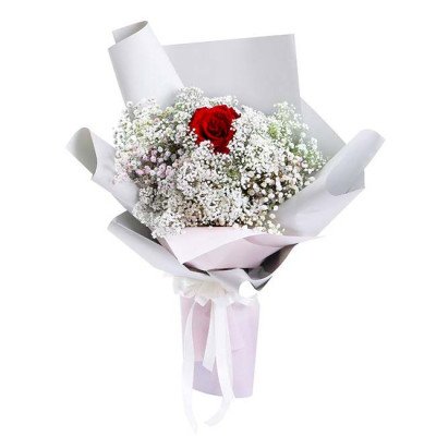 Bouquet of one red Ecuador rose with baby's breath and white paper wrapping.
