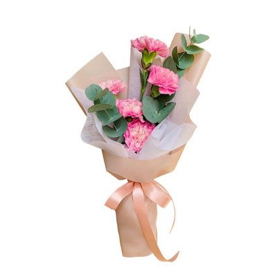 Pink carnation bouquet with eucalyptus leaves, wrapped in paper and tied with a ribbon.