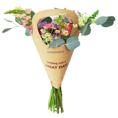 Cone-shaped bouquet of spring flowers with "Wishing you a GREAT DAY!" text.