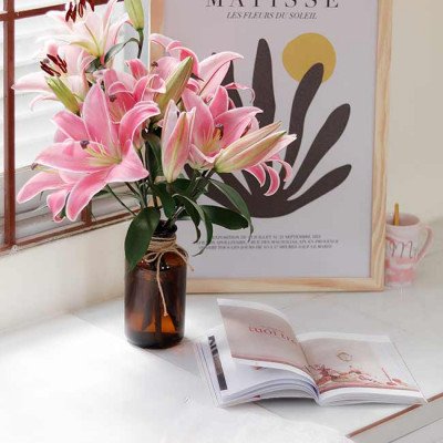 Pink lilies in a brown vase with a book and Matisse print.