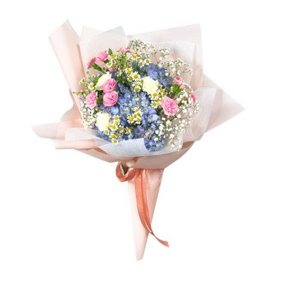 A bouquet of pink roses, blue hydrangeas, white daisies, and baby's breath wrapped in pink paper.