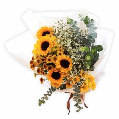 Bouquet of sunflowers, yellow daisies, and eucalyptus leaves.