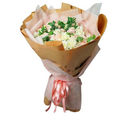 Bouquet of white and pink roses and carnations, wrapped in brown paper and pink tissue paper with a pink ribbon.