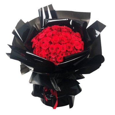 Bouquet of 150 red roses wrapped in black paper with red ribbon.