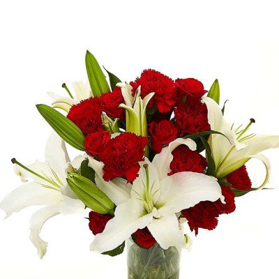 Bouquet of red carnations, roses, and white lilies in a vase.