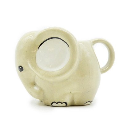 Cute beige ceramic elephant mug with large eye and handle.