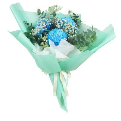 Blue chrysanthemums, baby's breath, and eucalyptus in mint green wrapping with cream ribbon.