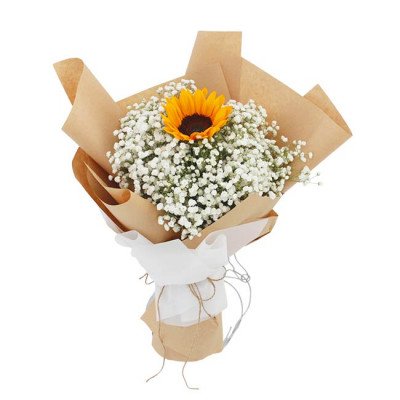 A bouquet with one sunflower surrounded by baby's breath, wrapped in brown paper.