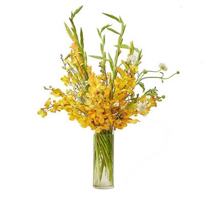 Yellow orchids and gladiolus in a clear vase.