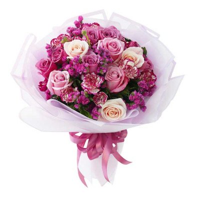 Bouquet of purple and cream roses with pink carnations, wrapped in white paper and tied with a pink ribbon.