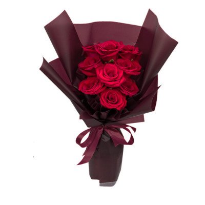 Bouquet of 9 red roses wrapped in dark red paper with a ribbon bow.
