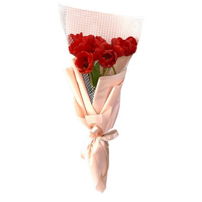 Bouquet of red tulips wrapped in pink paper and white mesh, tied with a pink ribbon.