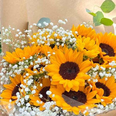Bouquet of sunflowers and baby's breath.
