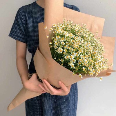 Person holding a bouquet of daisies wrapped in brown paper.