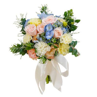 Bridal bouquet with pink roses, yellow carnations, blue hydrangeas, and white carnations, tied with a white ribbon.