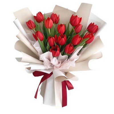 Bouquet of 15 red tulips in beige and white wrapping, tied with red ribbons.