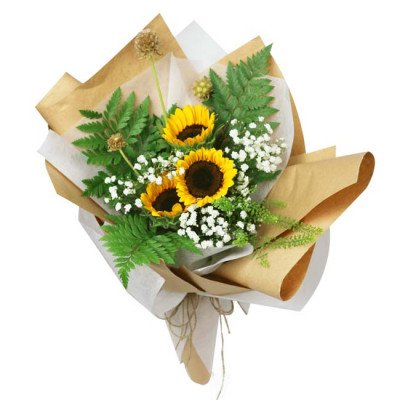 A bouquet of three sunflowers, baby's breath, and ferns, wrapped in brown and white paper.