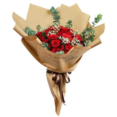 Red roses, baby's breath, and eucalyptus in brown paper wrap with "Gorgeous You" text.