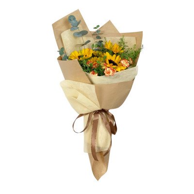 Bouquet of sunflowers, carnations, and eucalyptus, wrapped in brown and cream paper with a brown ribbon.