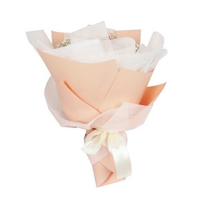 Peach and white wrapped bouquet with a cream ribbon, featuring strawberries and baby's breath.