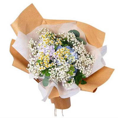 Bouquet of blue hydrangeas, yellow daisies, and baby's breath wrapped in brown kraft paper.