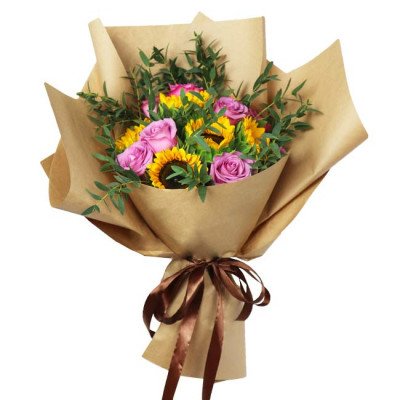 A bouquet of sunflowers and purple roses wrapped in brown paper, tied with a brown ribbon.